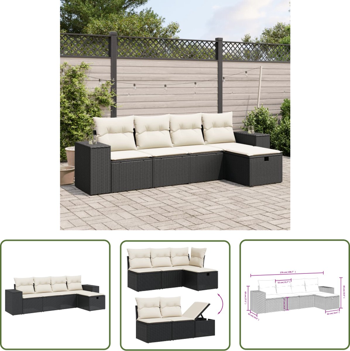 Zwarte Loungeset van poly rattan met kussens voor tuin en terras.