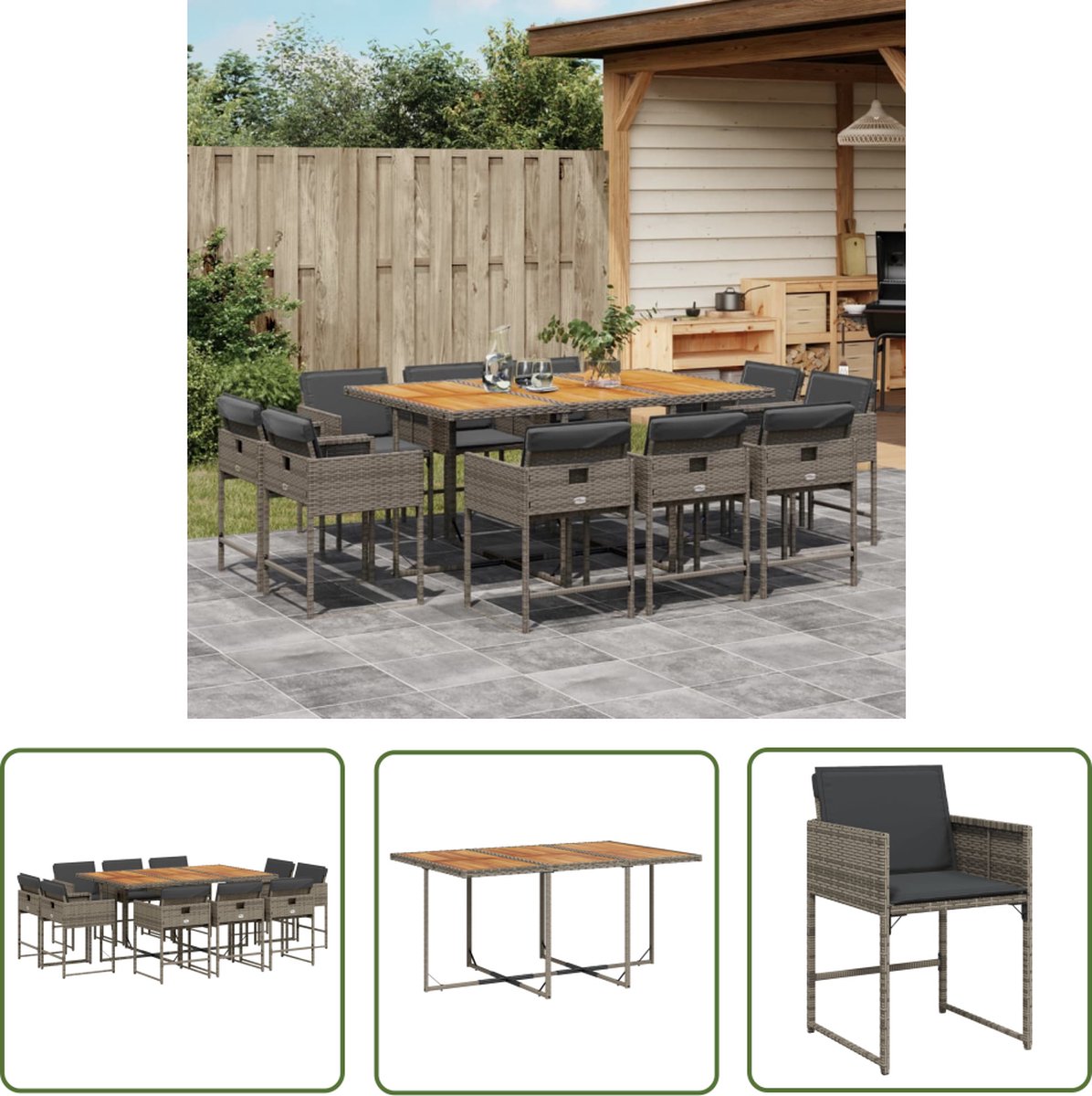 Grijze poly rattan tuinset met kussens voor loungen en dineren.