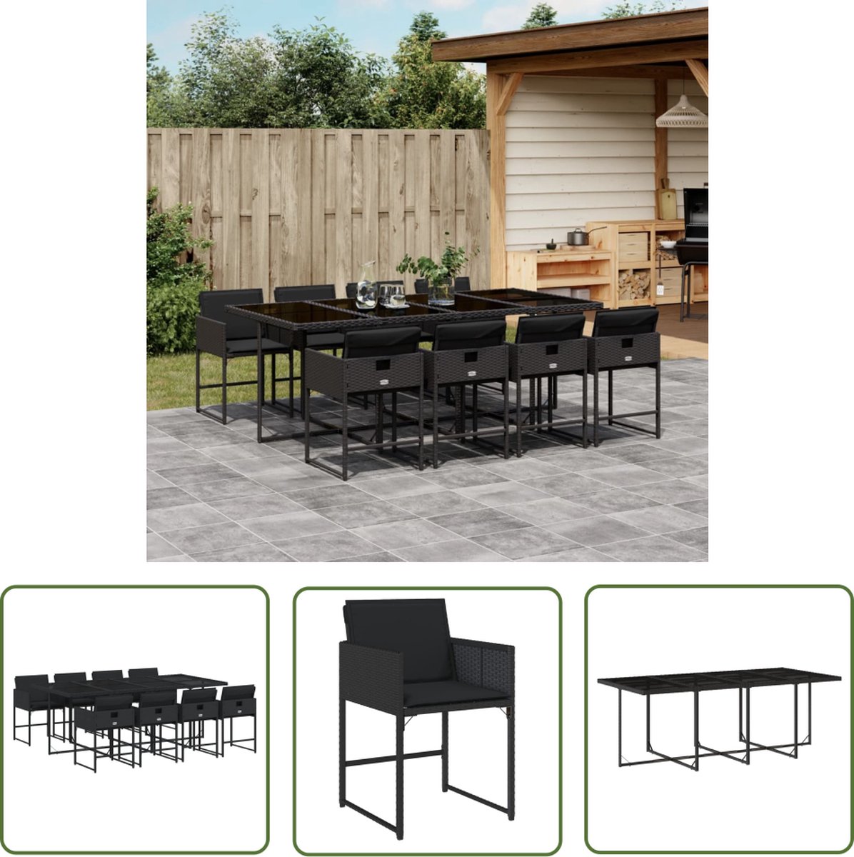 The Living Store 9-delige Tuinset poly rattan zwart - Tuinset - Lounge Set - Buitendecoratie - Eetkamerset - Patio Furniture