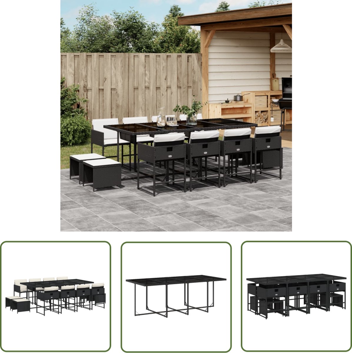 13-delige zwarte poly rattan tuinset met kussens - Tuinmeubel Set - Eetkamerset