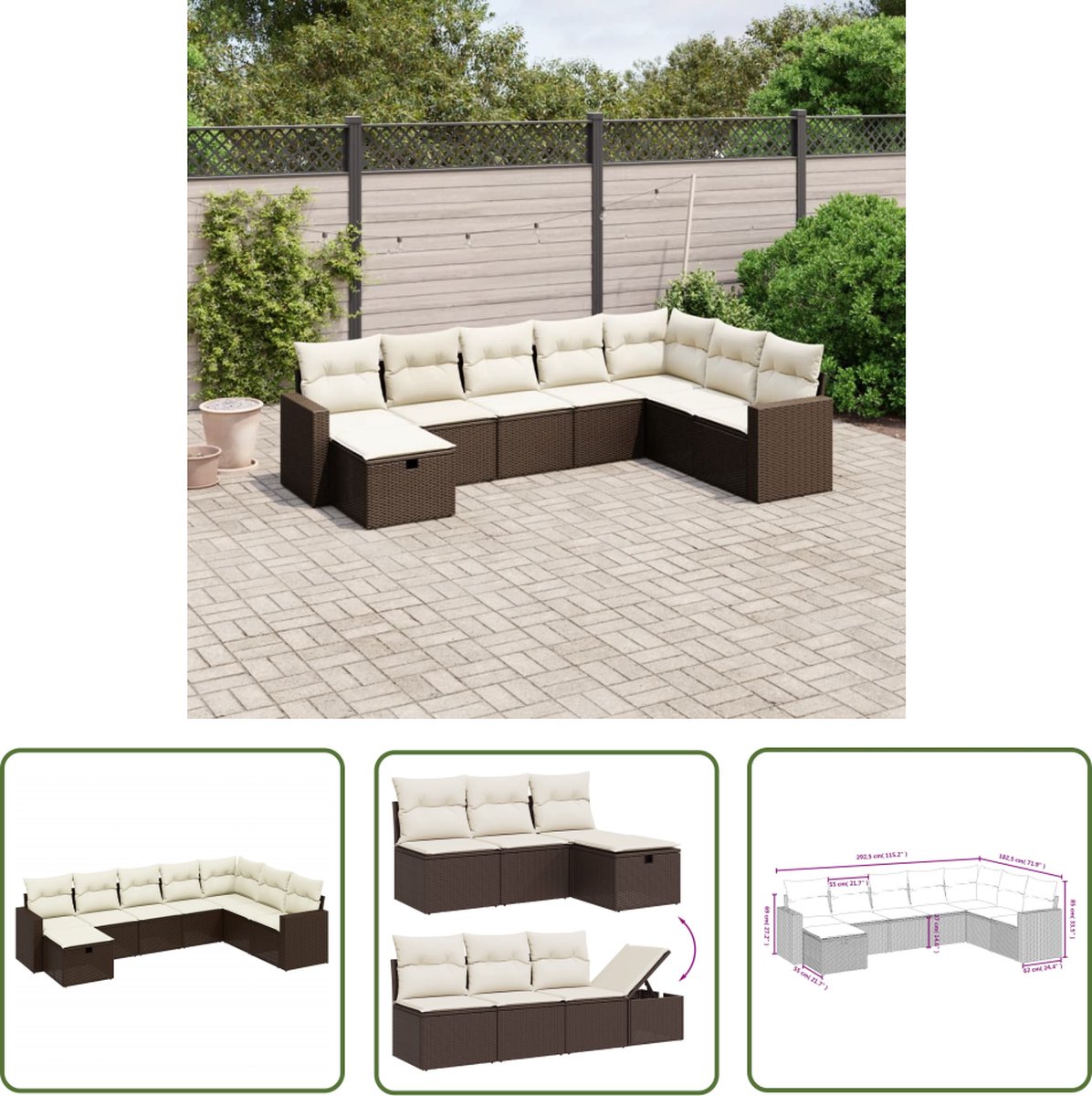 The Living Store 8-delige Loungeset met kussens poly rattan bruin - Tuinlounge - Lounge Set - Buitendecoratie - Tuinset - PE-rattan