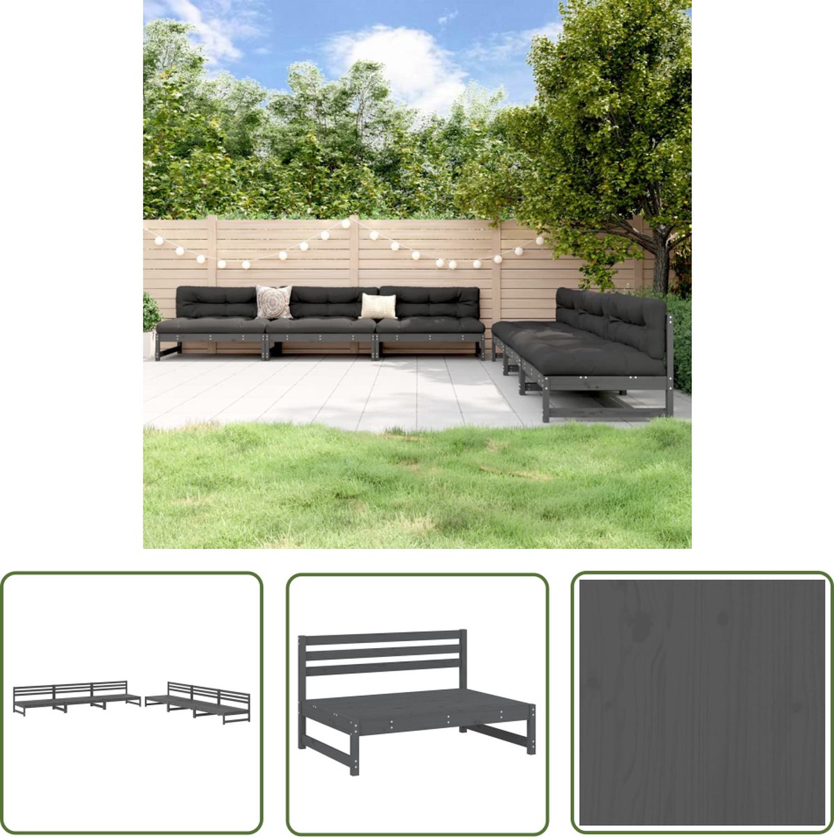 Loungeset van massief grenenhout in grijs voor tuin of buiten.