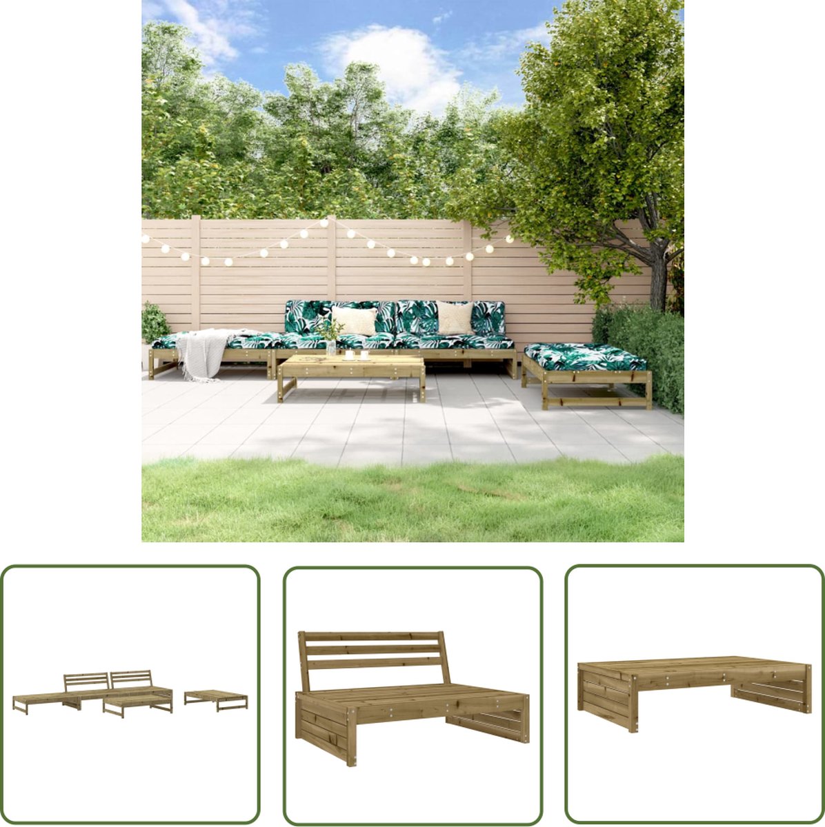 The Living Store 5-delige Loungeset geïmpregneerd grenenhout - Loungeset - Tuinset - Houten Bank - Buitendining - Balkonmeubel