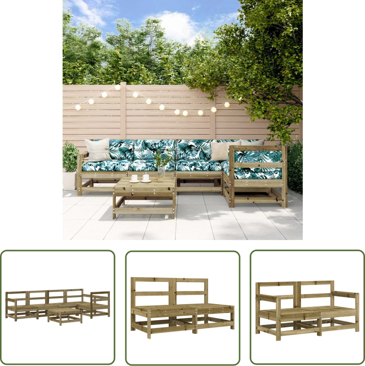 The Living Store 6-delige Loungeset geïmpregneerd grenenhout - Loungeset - Tuinbank - Hout - Grenenhout - Outdoor Furniture