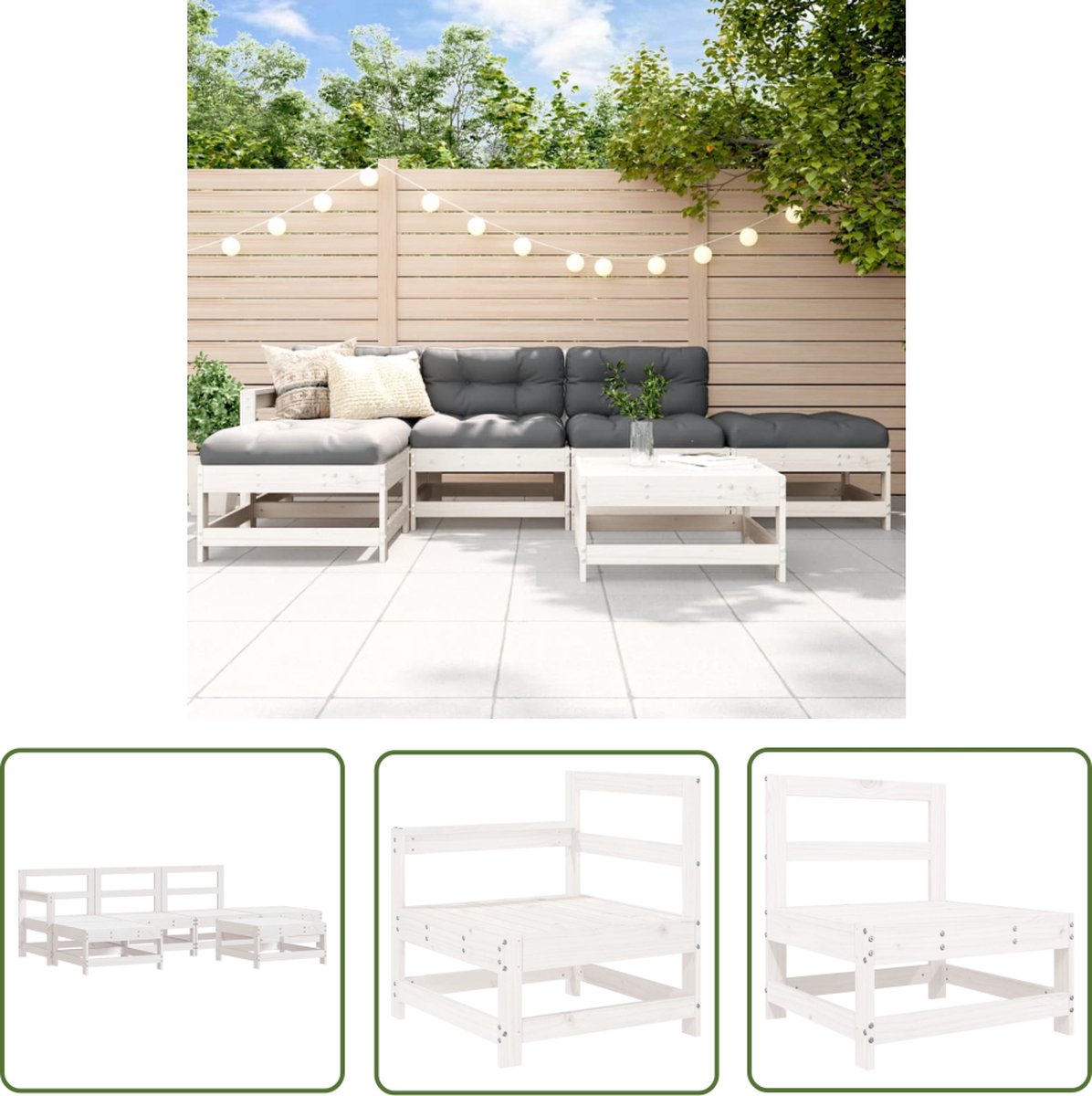 The Living Store 6-delige Loungeset massief grenenhout wit - Loungeset - Tuinset - Hout - Grenenhout - Lounge