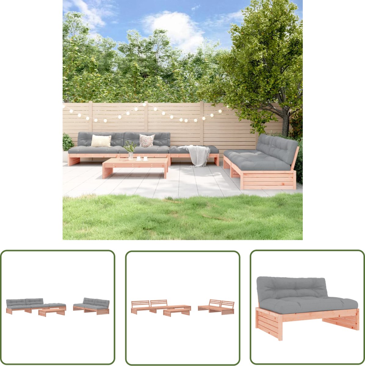 Moderne loungeset van massief douglashout met comfortabele kussens - Tuinmeubilair - The Living Store