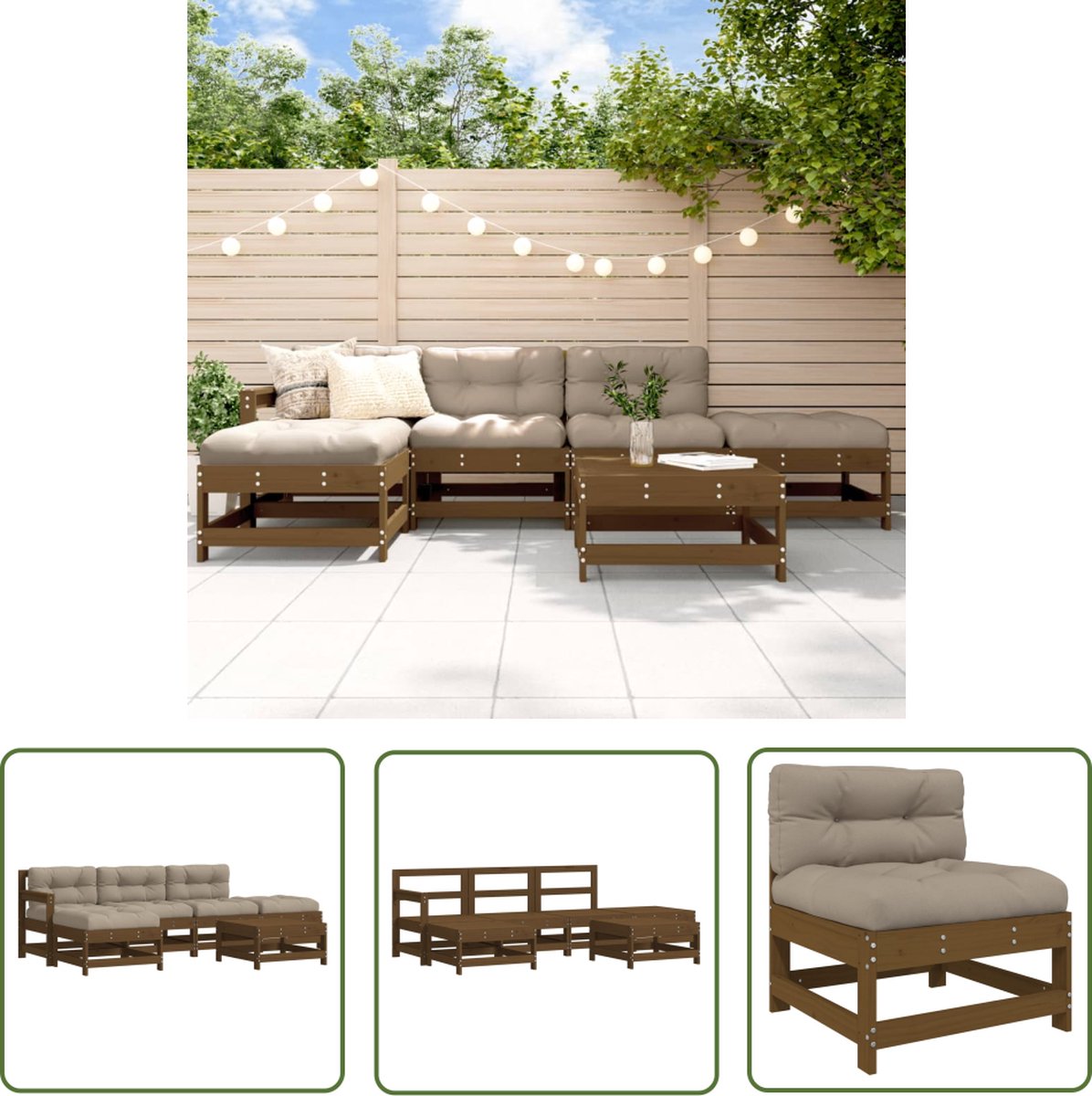 Loungeset van grenenhout in honingbruin met kussens, perfect voor tuin.