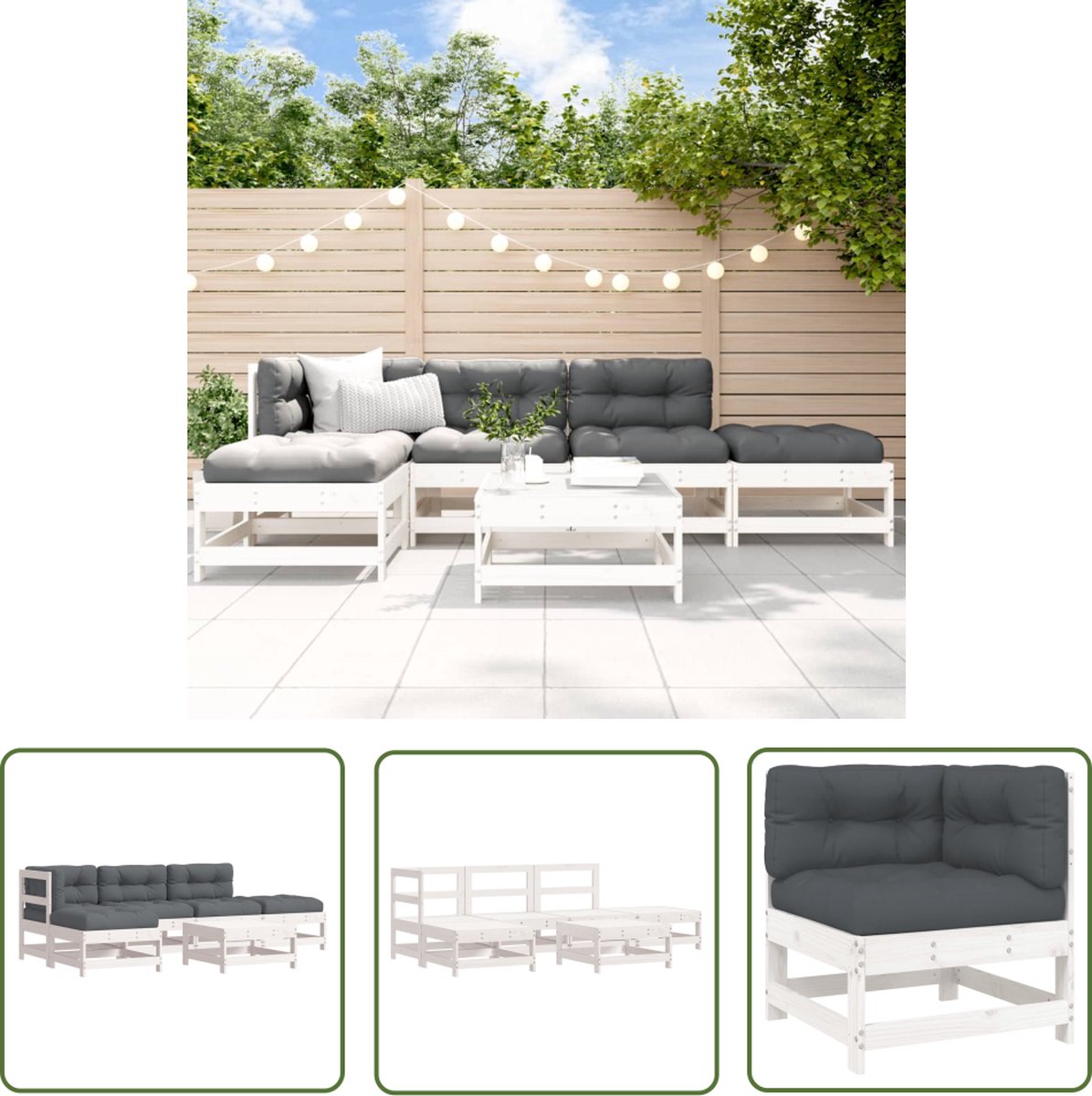 The Living Store 6-delige Loungeset met kussens massief hout wit - Loungeset - Lounge Set - Tuinmeubilair - Outdoor Furniture - Teak Hout
