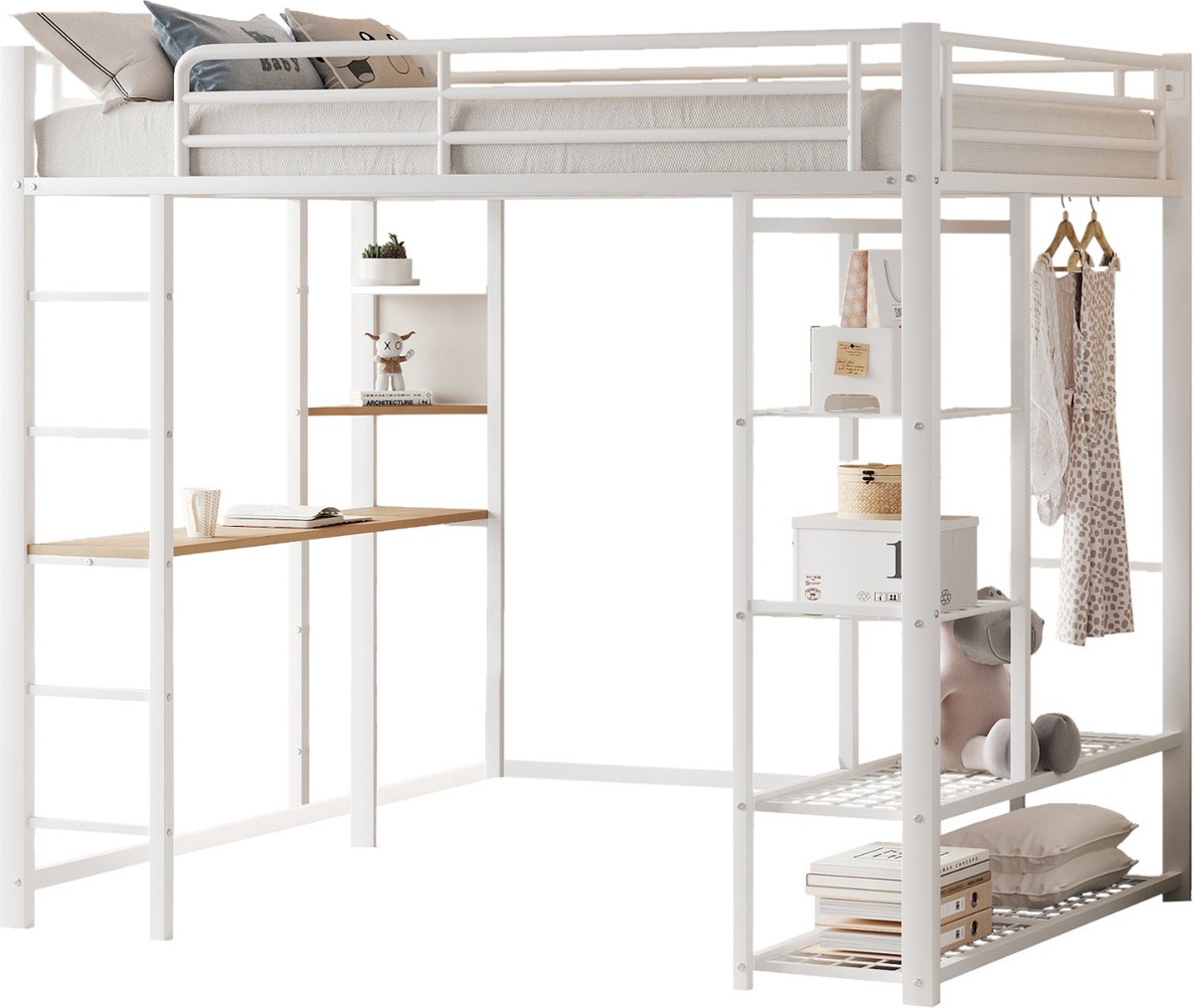 Merax Hoogslaper met Bureau en Opbergruimte – 90x200 cm Kinderbed - Wit - Met Ladder en Opbergvakken