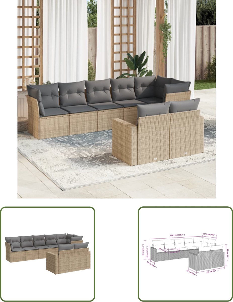 The Living Store 8-delige Loungeset met kussens poly rattan beige - Loungebank - Tuinset - Lounge Set - Buitendecoratie - Garden Furniture