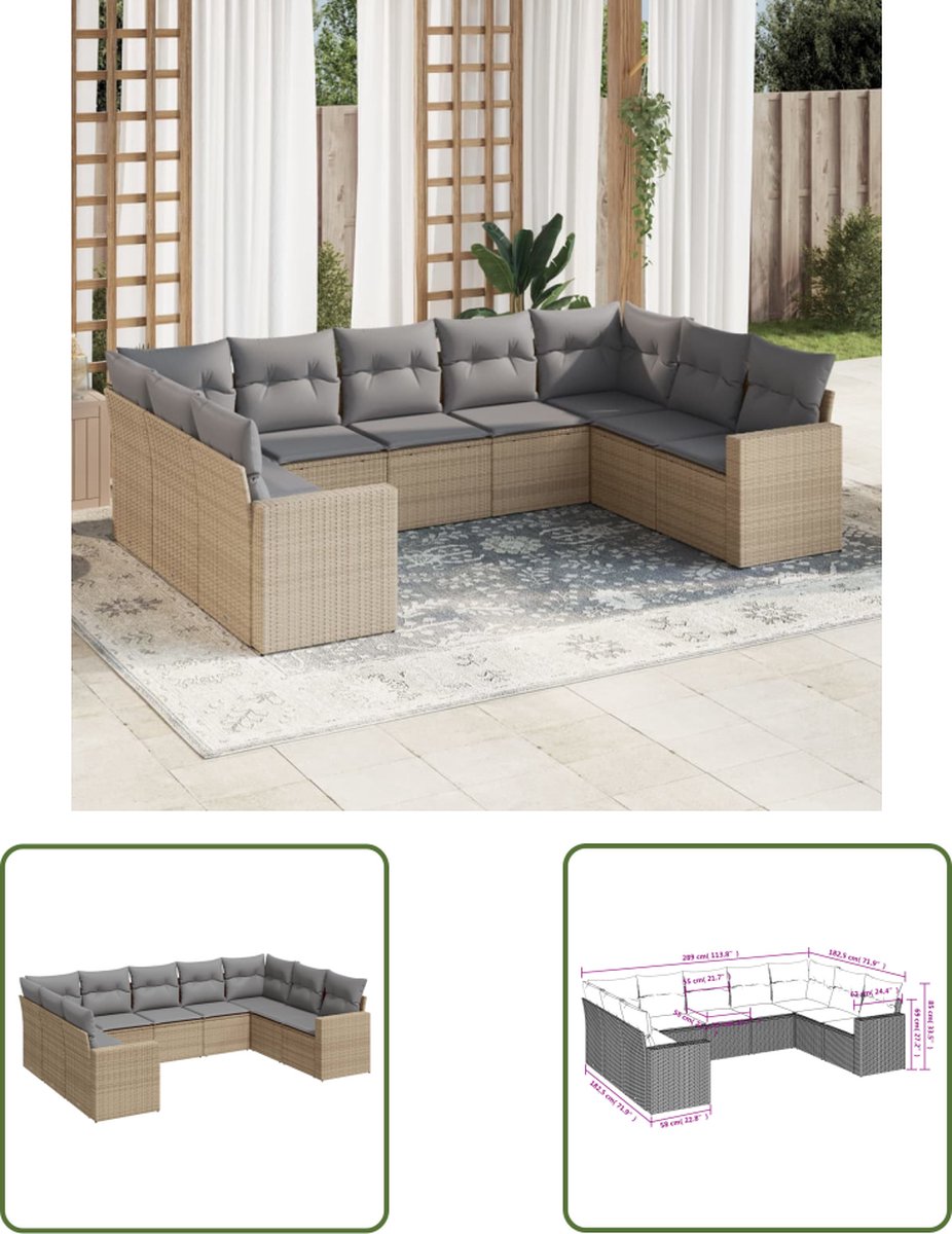 Loungeset met beige kussens en poly rattan vlechtwerk - Buitendecoratie.