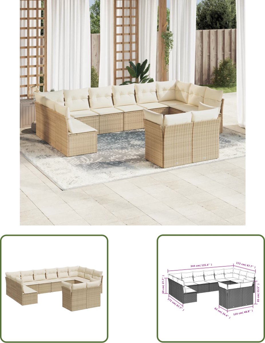 The Living Store 12-delige Loungeset met kussens poly rattan beige - Loungebank - Tuinset - Lounge Set - Buitendecoratie - Tuinmeubels