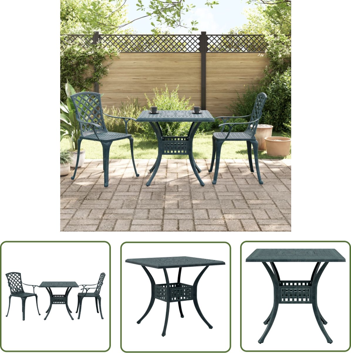 Tuintafel en stoelen set in groen gietaluminium - Duurzaam en Comfortabel