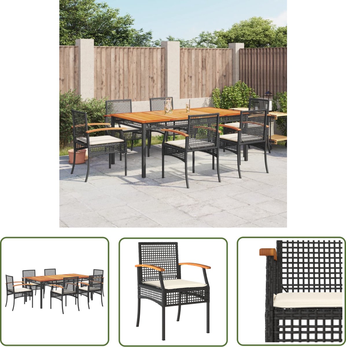 Zwarte poly rattan tuinset met kussens voor buiten - 7-delige set.