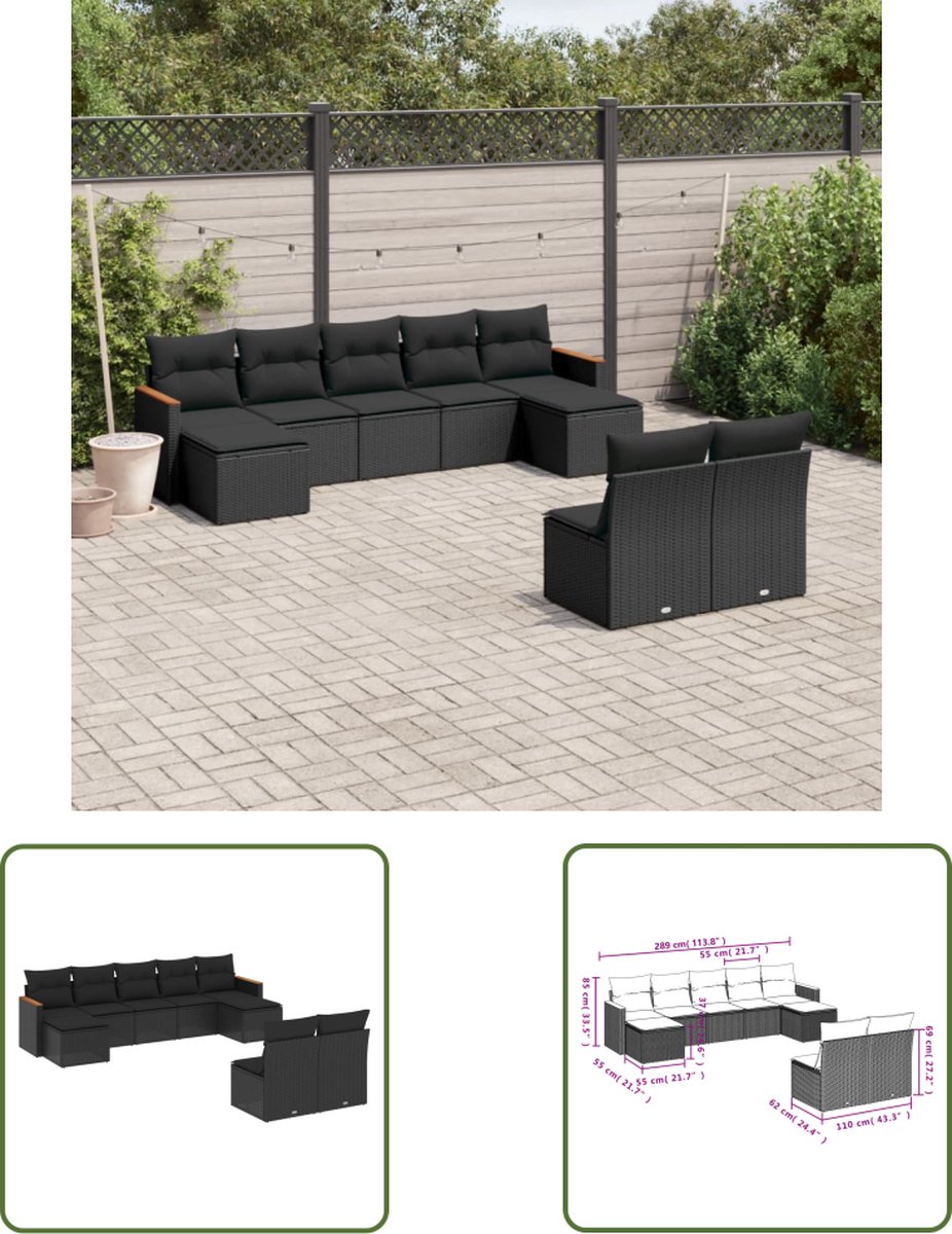 The Living Store 9-delige Loungeset met kussens poly rattan zwart - Loungebank - Lounge Set - Buitendecoratie - Tuinmeubels - Loungemodule