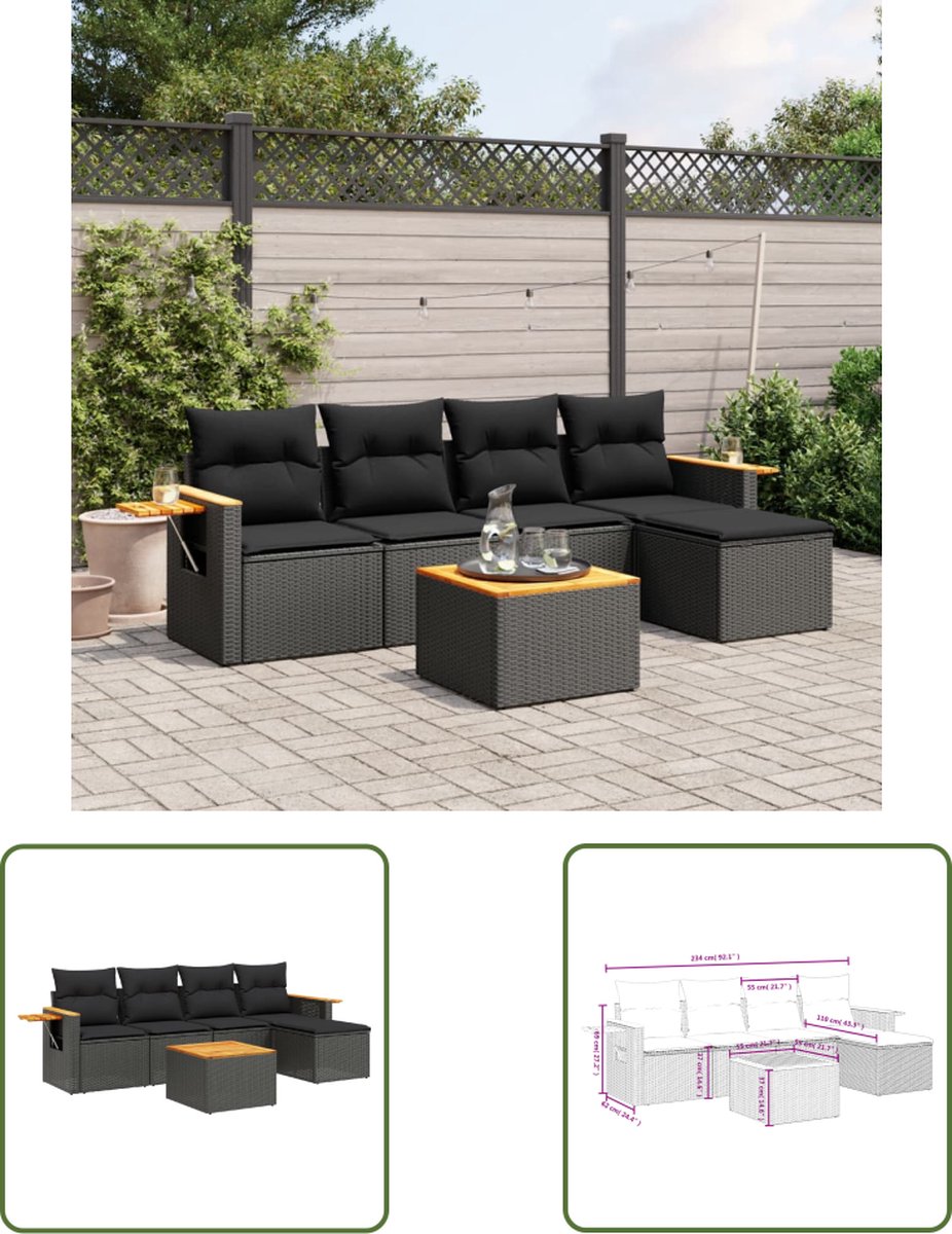 The Living Store 6-delige Loungeset met kussens poly rattan zwart - Loungebank - Lounge Set - Tuinlounge - Buitendiner - Outdoor Furniture