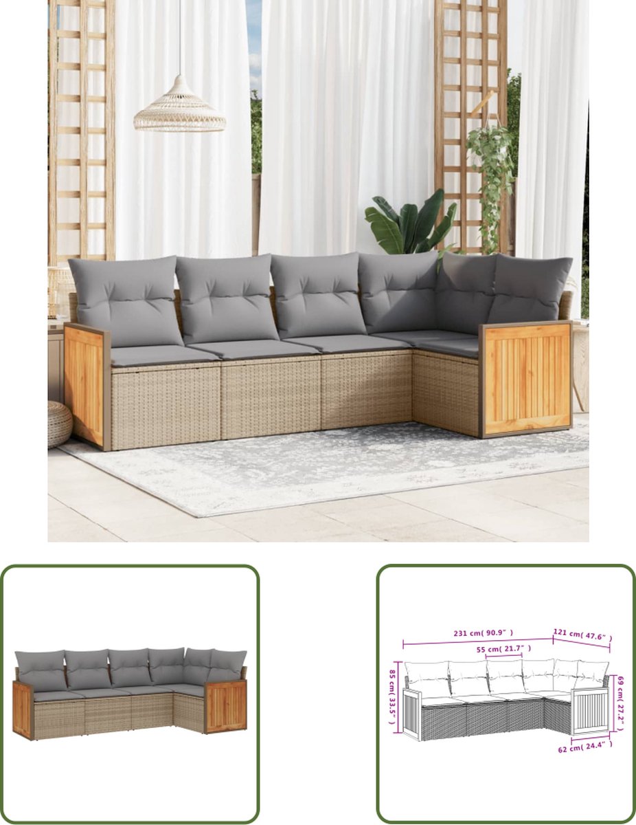 Poly rattan loungeset in beige met kussens - Tuinmeubilair - The Living Store