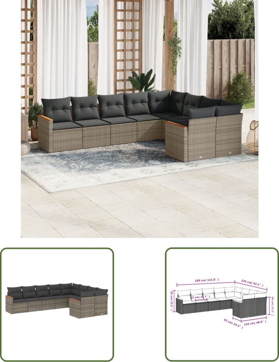 Grijze poly rattan loungeset met kussens - Tuinmeubels - Buitendecoratie