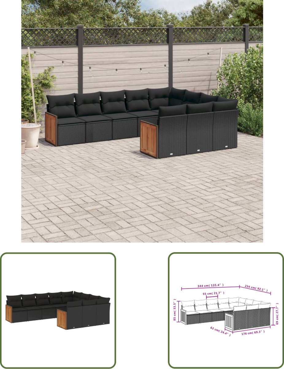 The Living Store 10-delige Loungeset met kussens poly rattan zwart - Loungebank - Tuinset - Lounge Set - PE-rattan - Buitendecoratie
