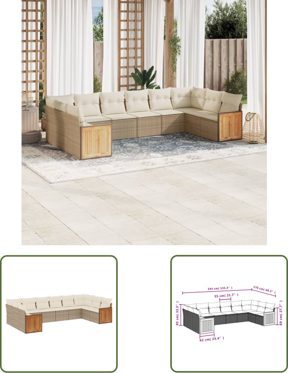 The Living Store 10-delige Loungeset met kussens poly rattan beige - Loungebank - Lounge Set - Tuinset - Buitendecoratie - Tuinbank
