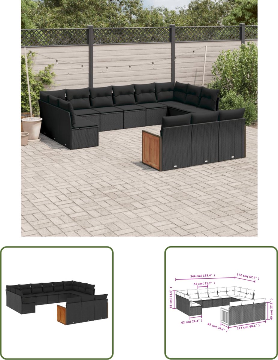 The Living Store 13-delige Loungeset met kussens poly rattan zwart - Tuinmeubles - Loungebank - Tuinset - Buitendecoratie - Outdoor Living