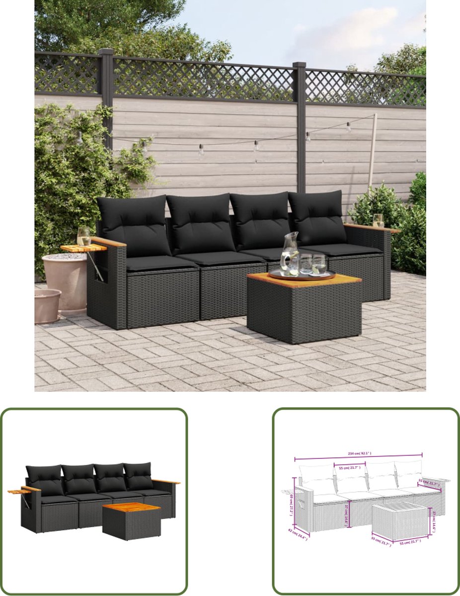 The Living Store 5-delige Loungeset met kussens poly rattan zwart - Loungeset - Lounge Set - Tuinlounge - Buitendining - Tuinmeubels
