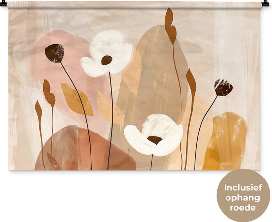 Wandkleed 150x100 cm - Wanddoek Bloemen - Abstract - Beige - Line art - Wandtapijt - Wandkleden