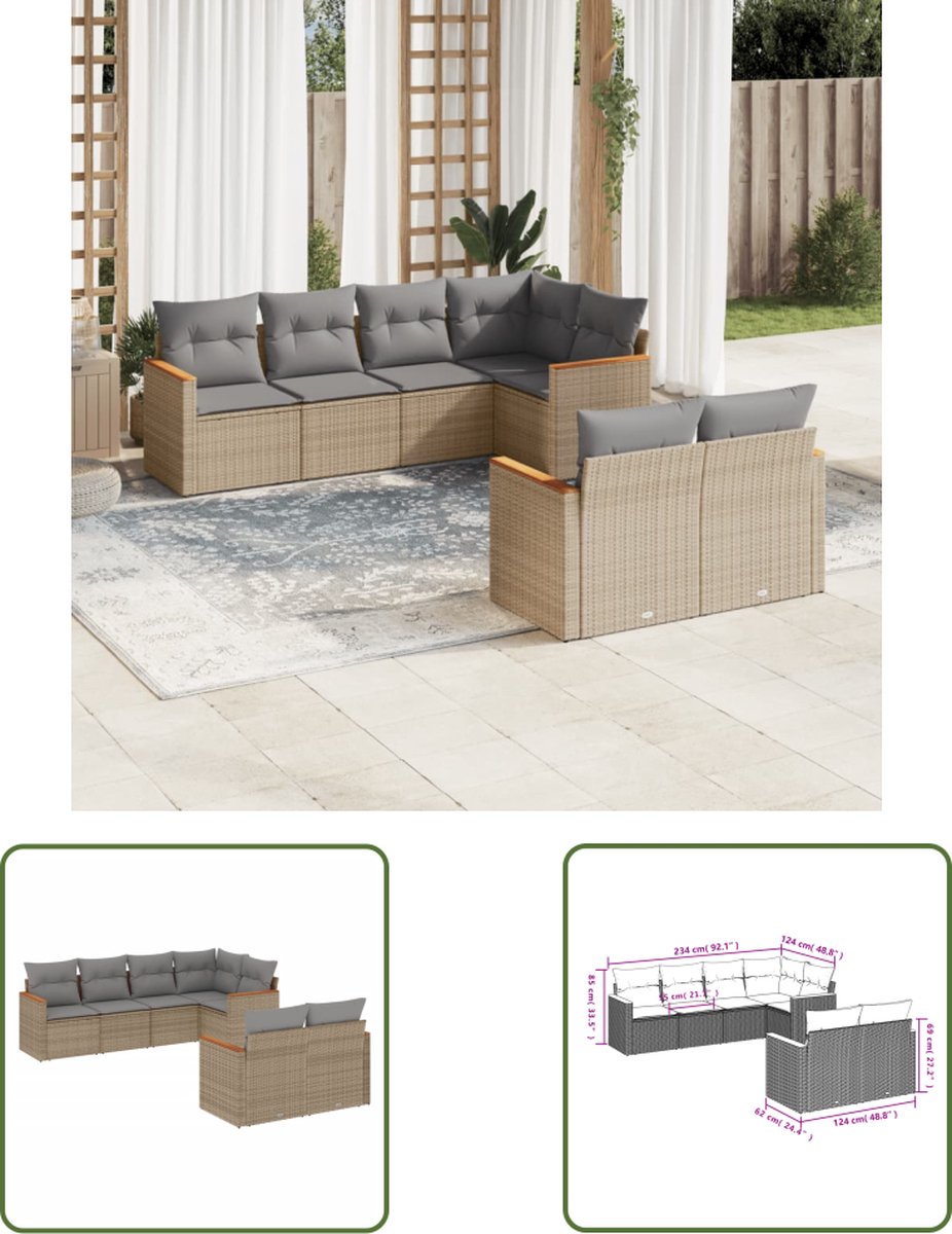 The Living Store 7-delige Loungeset met kussens poly rattan beige - Loungeset - Tuinset - Lounge Set - Buitendecoratie - Tuinmeubels