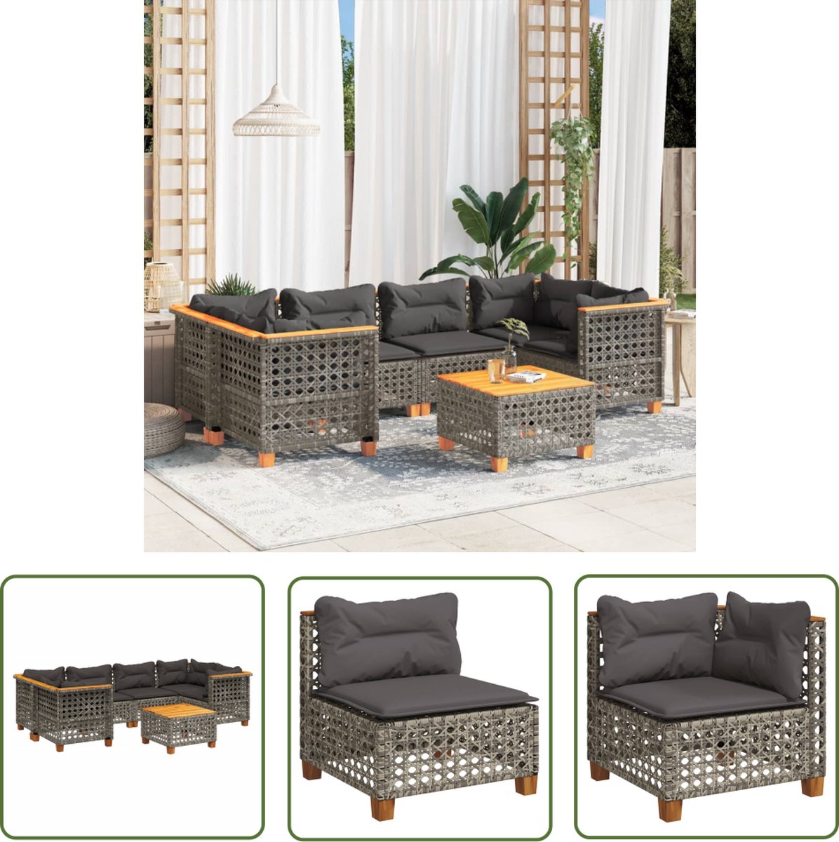 The Living Store 7-delige Loungeset met kussens poly rattan grijs - Loungeset - Lounge Set - Tuinlounge - Buitendining - Acacia Hout