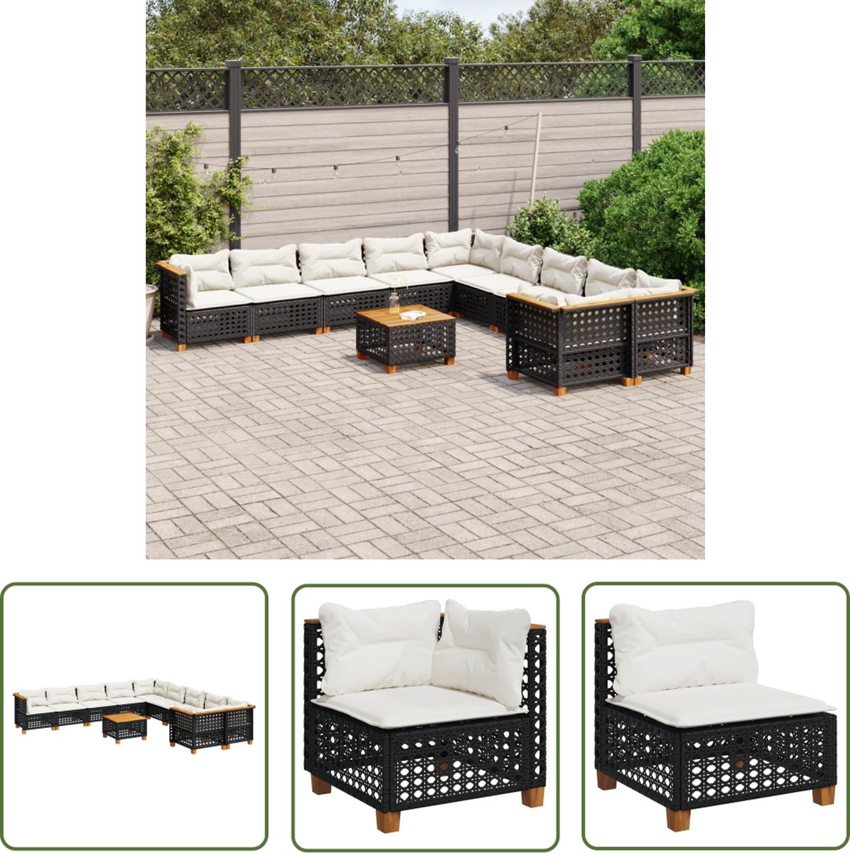Zwarte poly rattan loungeset met kussens - The Living Store - Tuinmeubels.