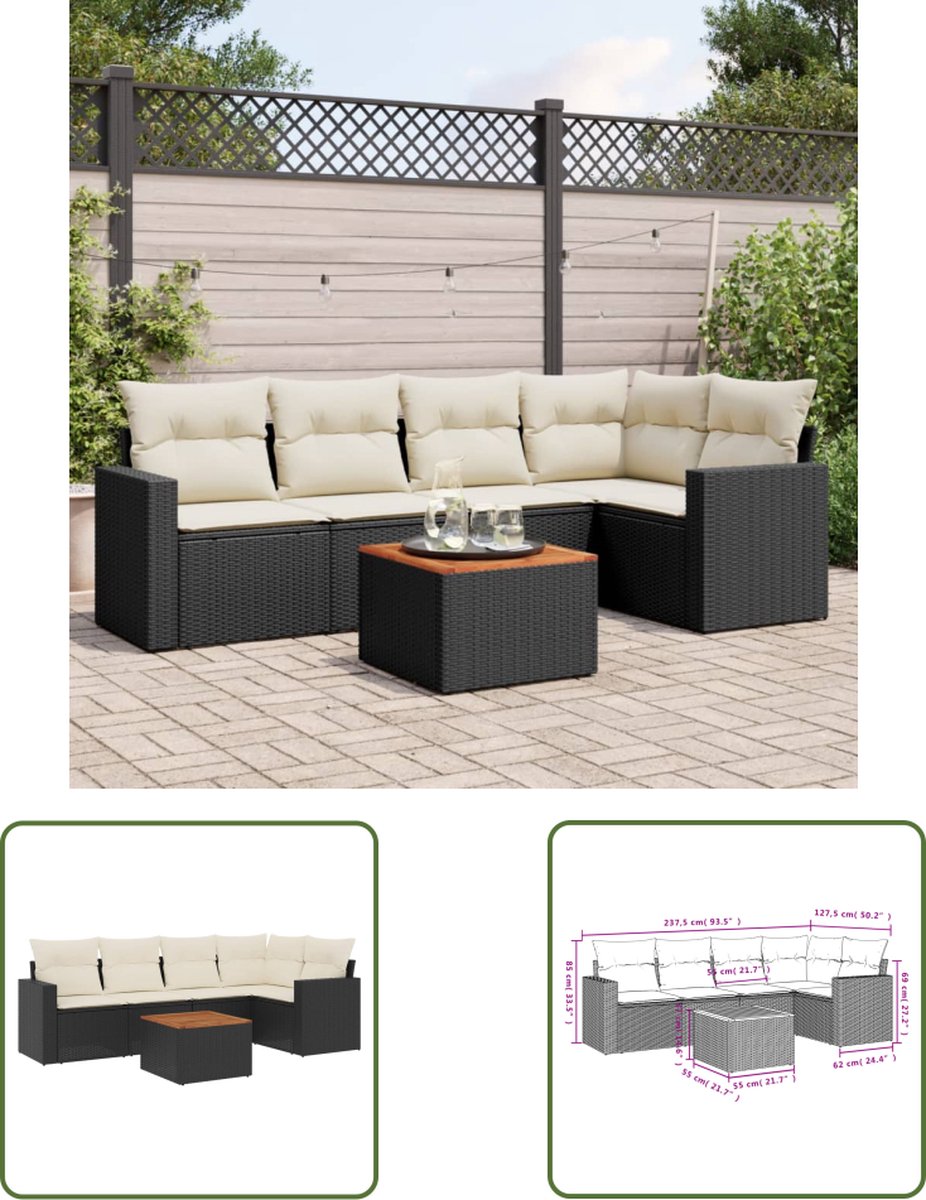 The Living Store 6-delige Loungeset met kussens poly rattan zwart - Tuin Lounge Set - Loungebank - Buitendecoratie - Buitenkamer - Garden Furniture