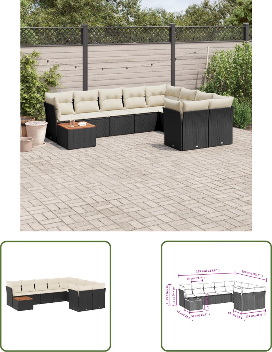 The Living Store 10-delige Loungeset met kussens poly rattan zwart - Loungeset - Lounge Set - Tuinlounge - Buitendiner - Tuinmeubels