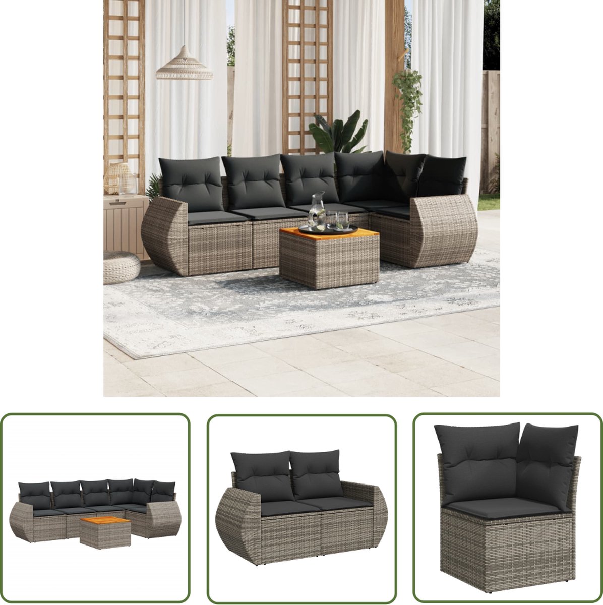 Grijze poly rattan loungeset met kussens voor buiten - The Living Store.