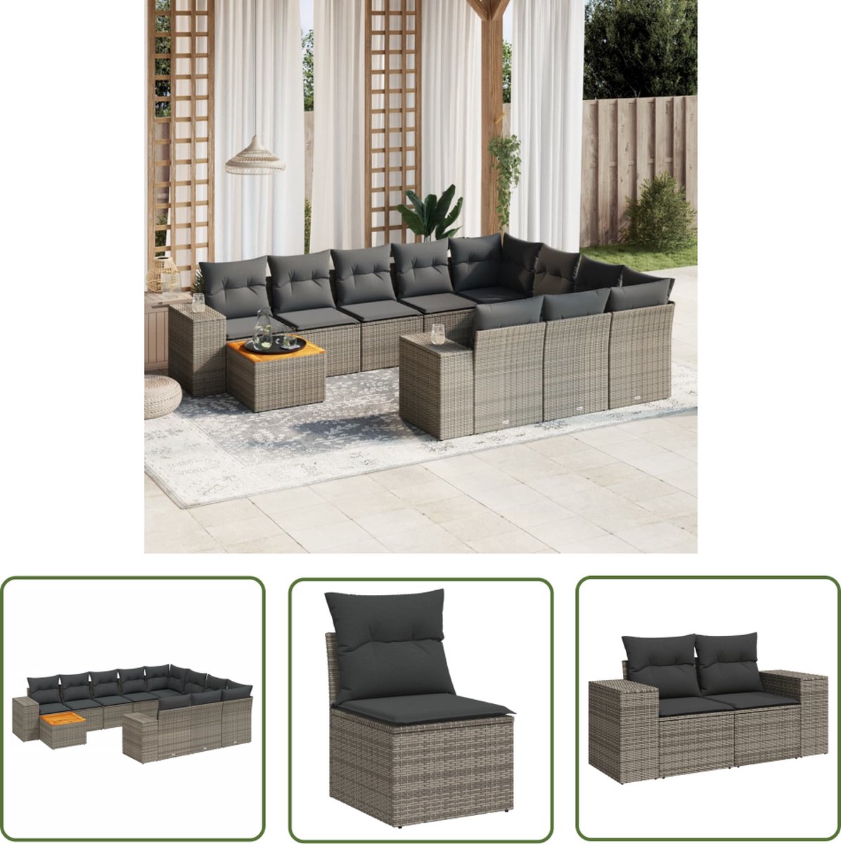Grijze poly rattan loungeset met kussens - The Living Store.