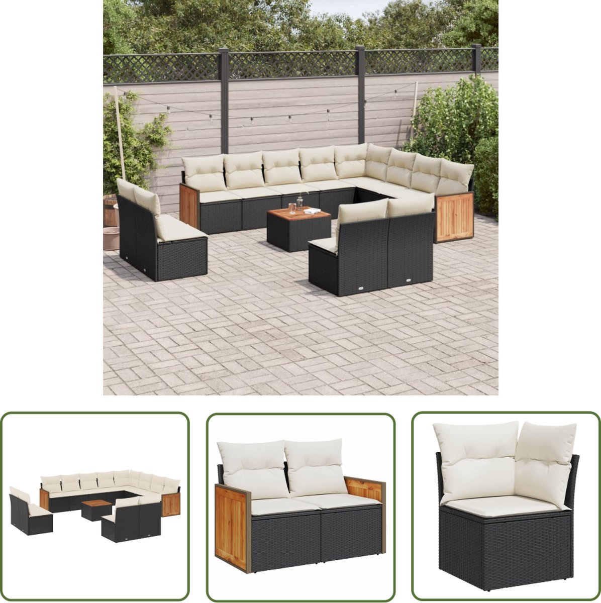 The Living Store 13-delige Loungeset met kussens poly rattan zwart - Loungebank - Lounge Set - Buitendecoratie - Tuinmeubels - Loungestoel