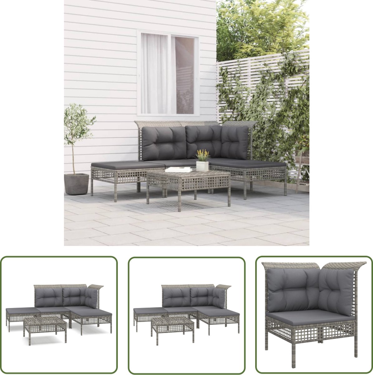 The Living Store 5-delige Loungeset met kussens poly rattan grijs - Loungestoel - Lounge Set - Tuinstoel - Tuinset - Outdoor Furniture