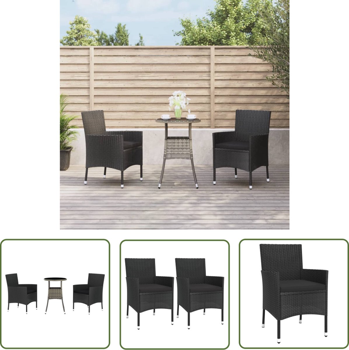 The Living Store 3-delige Bistroset met kussens poly rattan zwart - Tuinstoel - Bistro Set - Buitentafel - Terrasmeubel - Lounge Set Poly rattan zwarte bistroset met kussens voor buiten - The Living Store