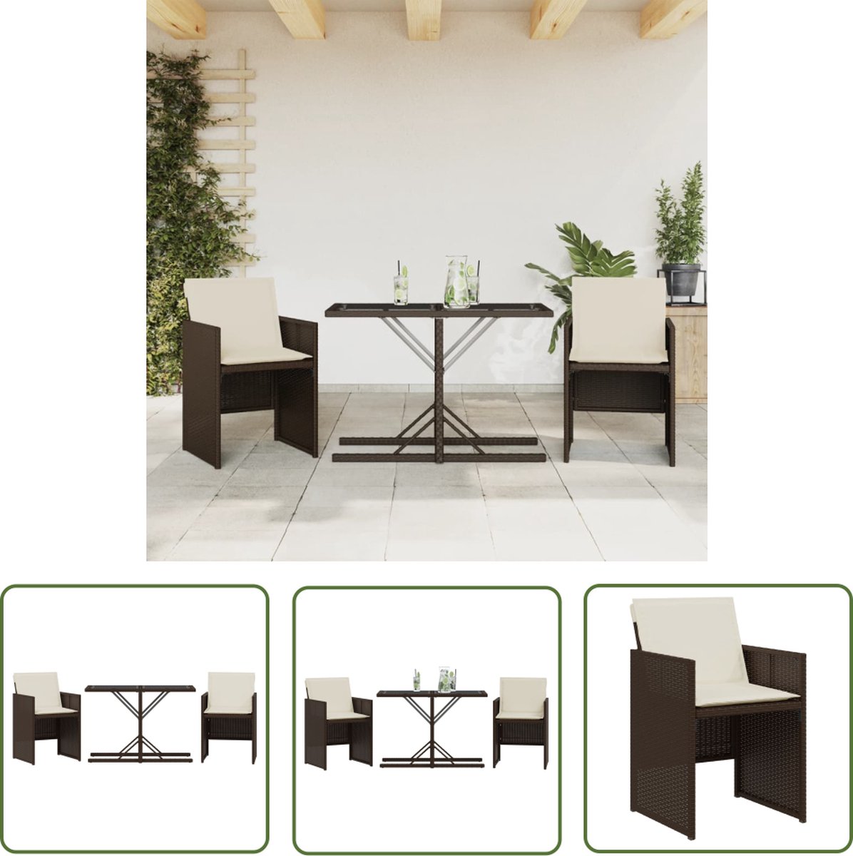 The Living Store 3-delige Bistroset met kussens poly rattan bruin - Tuinmeubels - Bistroset - Buis Meubel - Outdoor Furniture - Patio Set