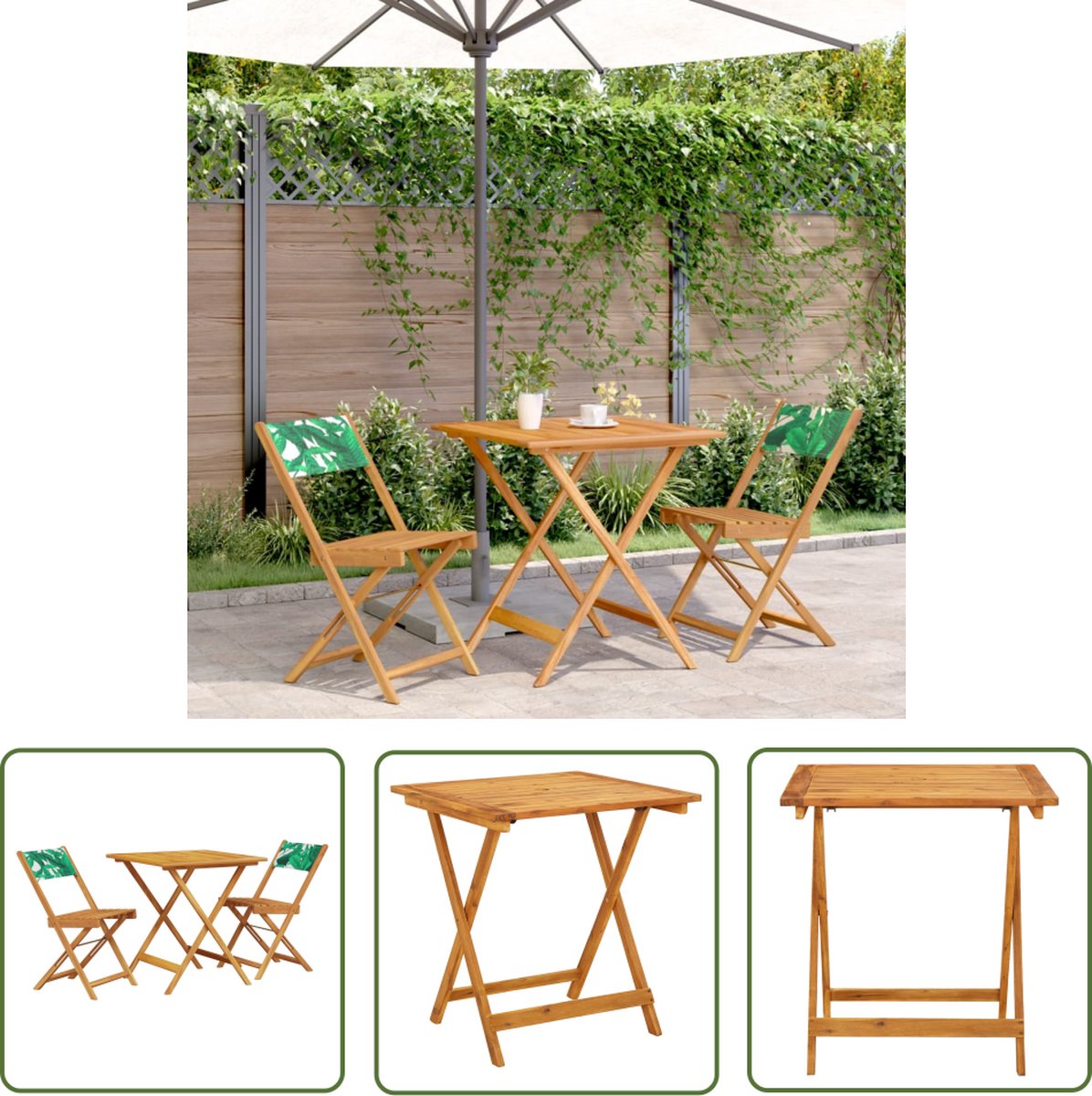 The Living Store 3-delige Bistroset bladpatroon stof en massief hout - Bistro Set - Acacia Houten Meubels - Buitentafels - Tuinstoelen - Groene Tuinbank The Living Store 3-delige Bistroset bladpatroon stof en massief hout - Bistro Set - Acacia Houten Meubels - Buitentafels - Tuinstoelen - Groene Tuinbank - Afbeelding 1