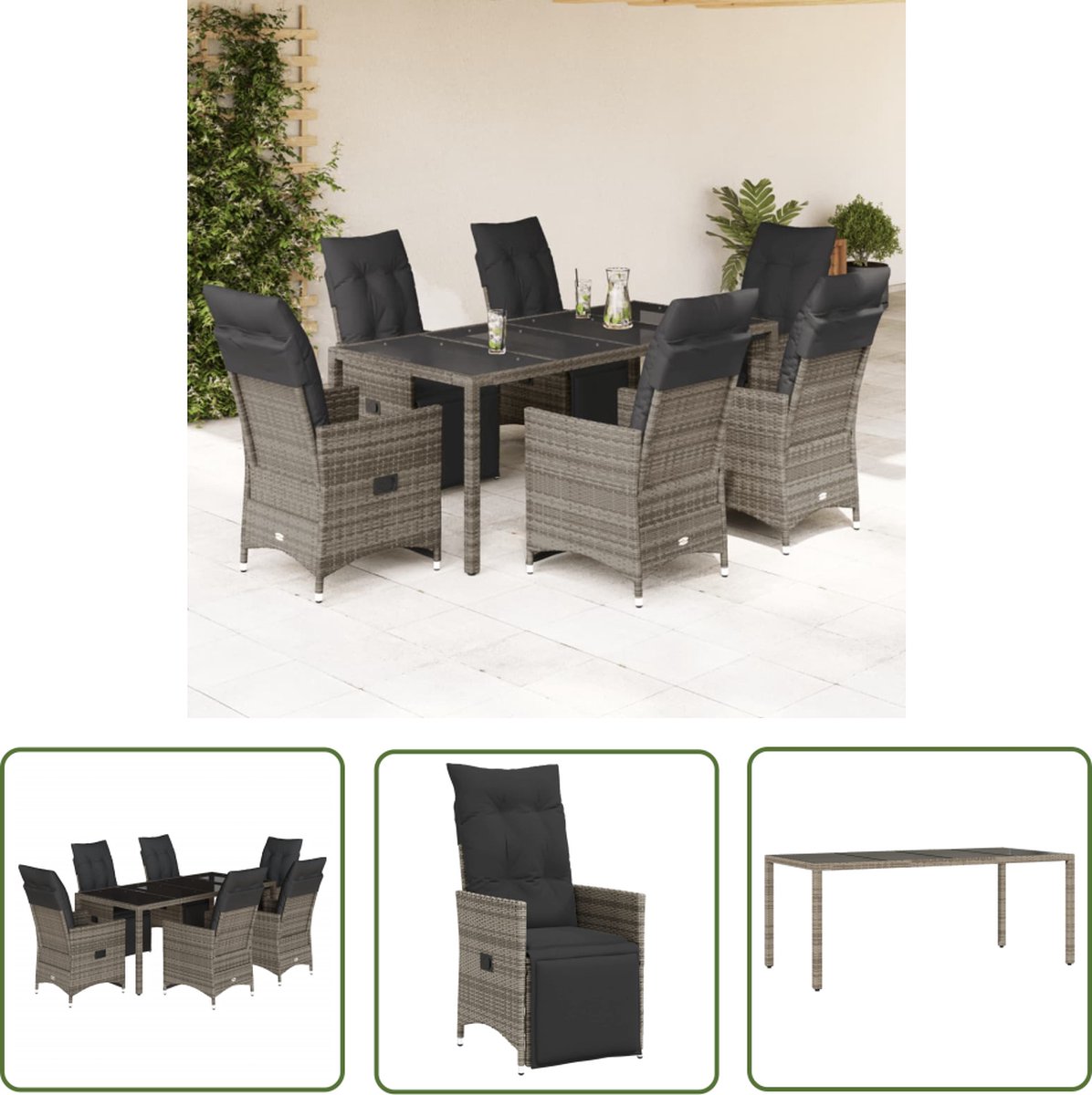 The Living Store 7-delige Bistroset met kussens poly rattan grijs - Bistroset - Tuinmeubilair - Lounge Set - Buitentafels - Eetkamerset