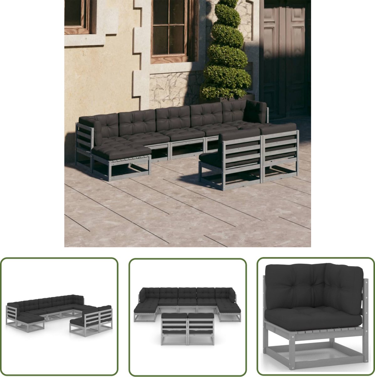 The Living Store 9-delige Loungeset met kussens massief grenenhout grijs - Tuin Lounge Set - Loungebank - Houten Tuinbank - Grenenhout - Outdoor Furniture