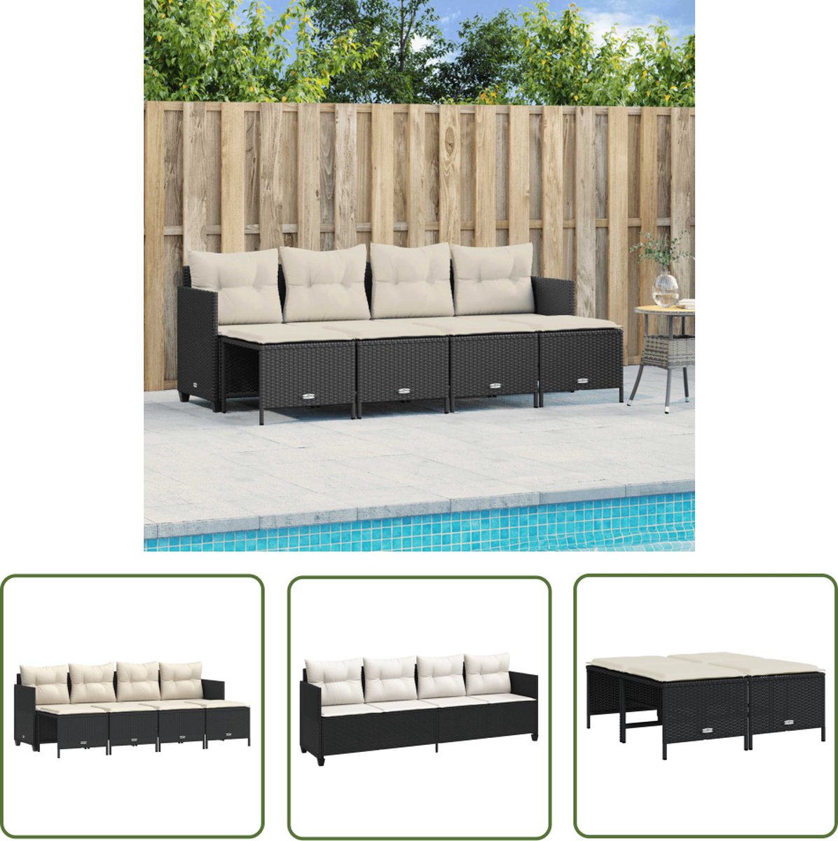 The Living Store 5-delige Loungeset met kussens poly rattan zwart - Loungeset - Lounge Set - Tuinset - Buitendecoratie - Tuinmeubilair