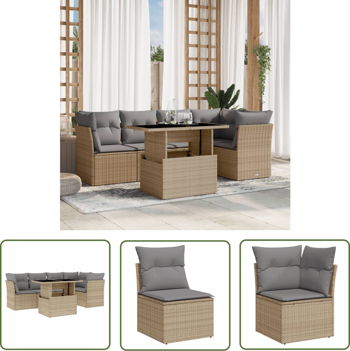 The Living Store 6-delige Loungeset met kussens poly rattan beige - Loungeset - Tuinmeubels - Lounge Set - Pe Rattan - Tuinlounge