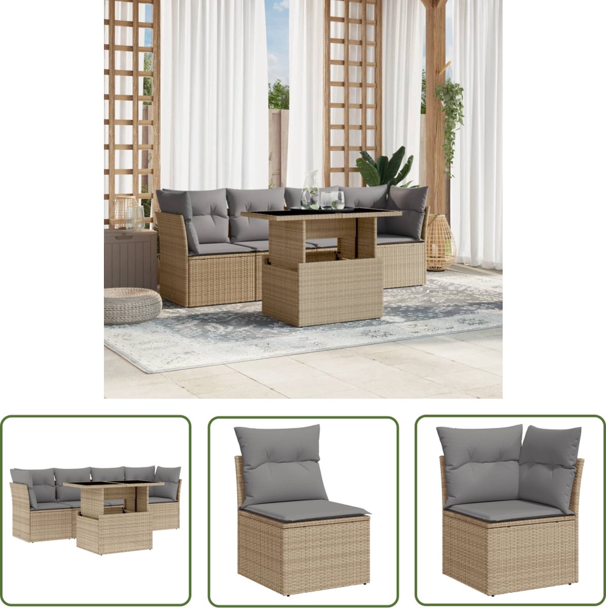 The Living Store 5-delige Loungeset met kussens poly rattan beige - Loungeset - Loungemeubels - Buitendecoratie - Tuinstoel - Tuinbank