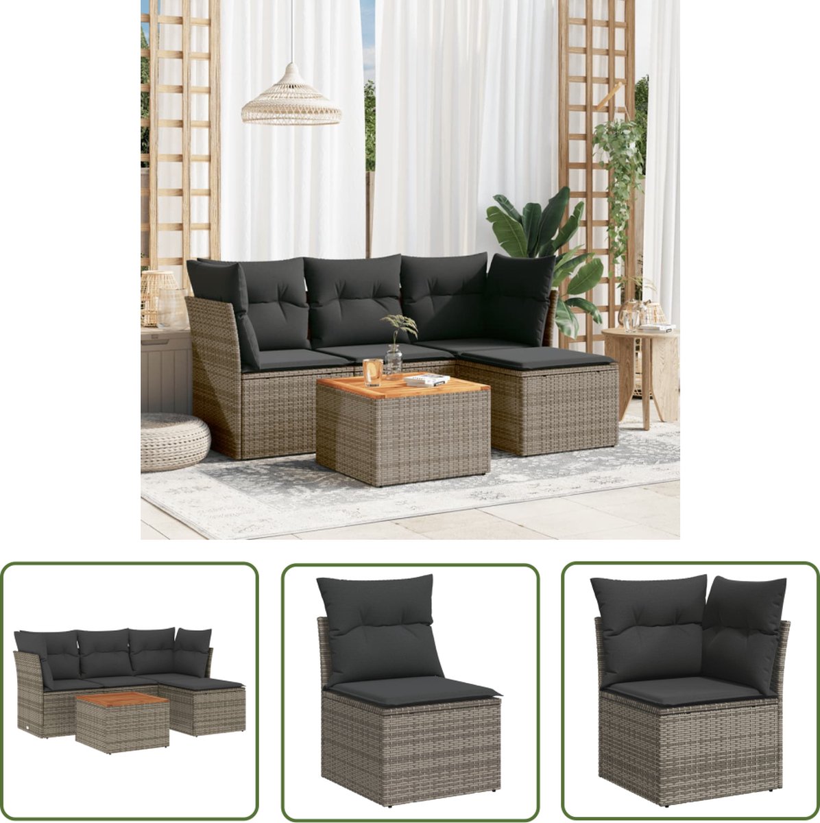 Grijze poly rattan loungeset met kussens voor buiten - The Living Store.