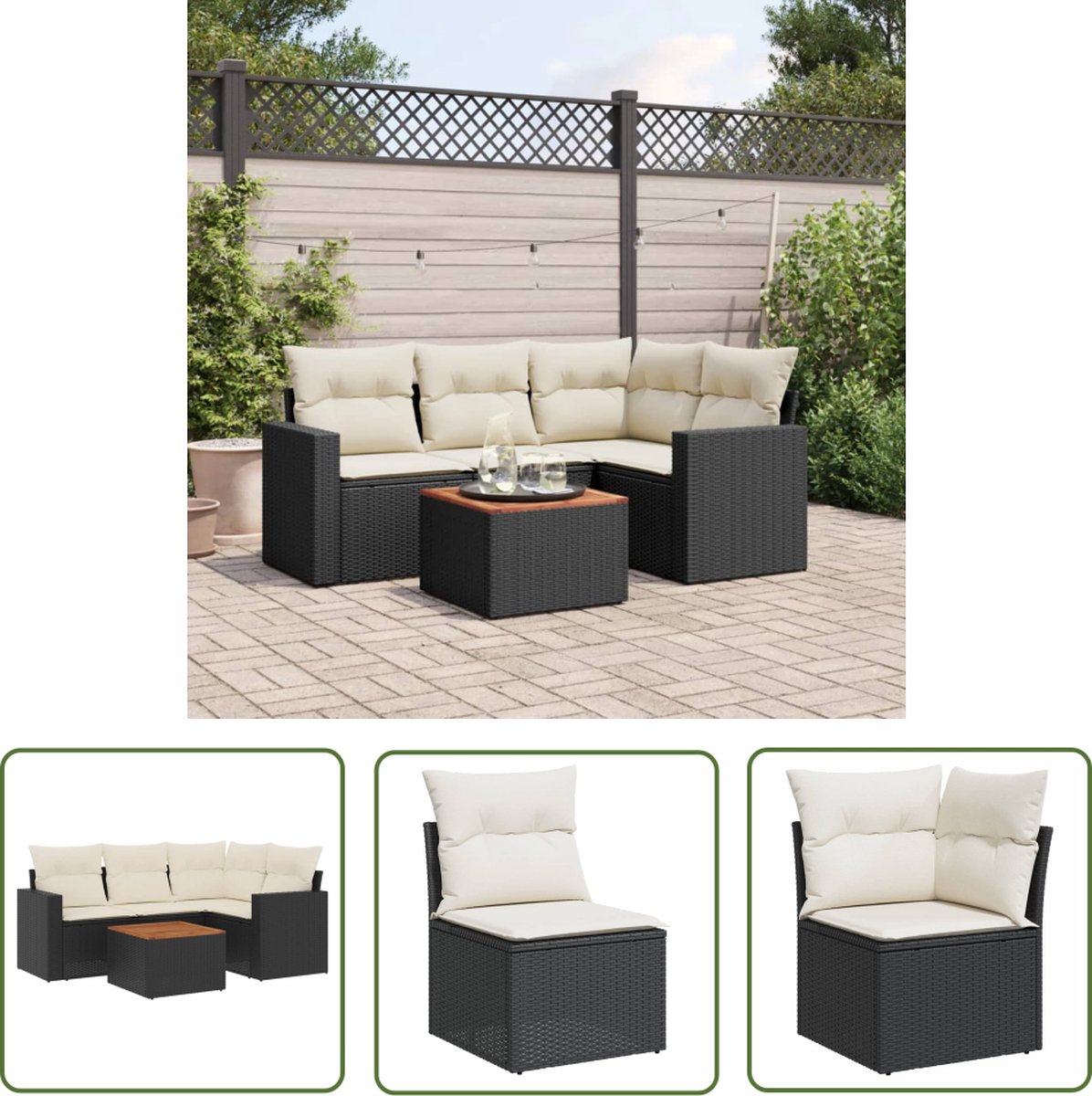 The Living Store 5-delige Loungeset met kussens poly rattan zwart - Loungeset - Lounge Set - Tuinlounge - Buitendining - Outdoor Furniture