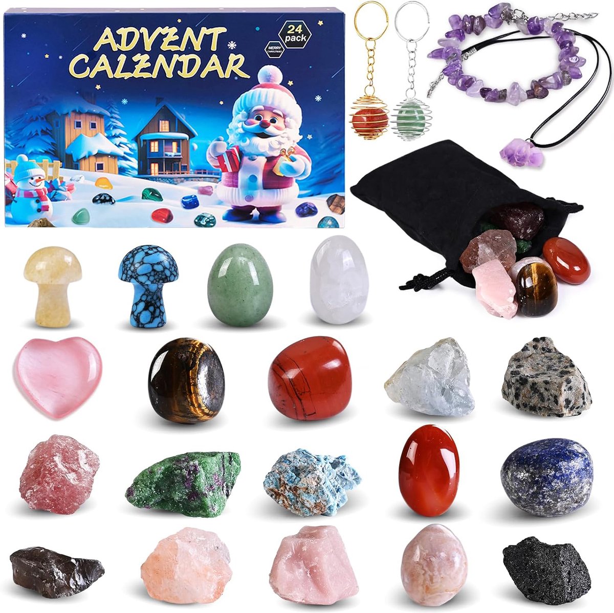 Adventskalender 2024 Kinderen - 24 Dagen Aftelkalender met Natuurlijke Kristallen & Mineralen