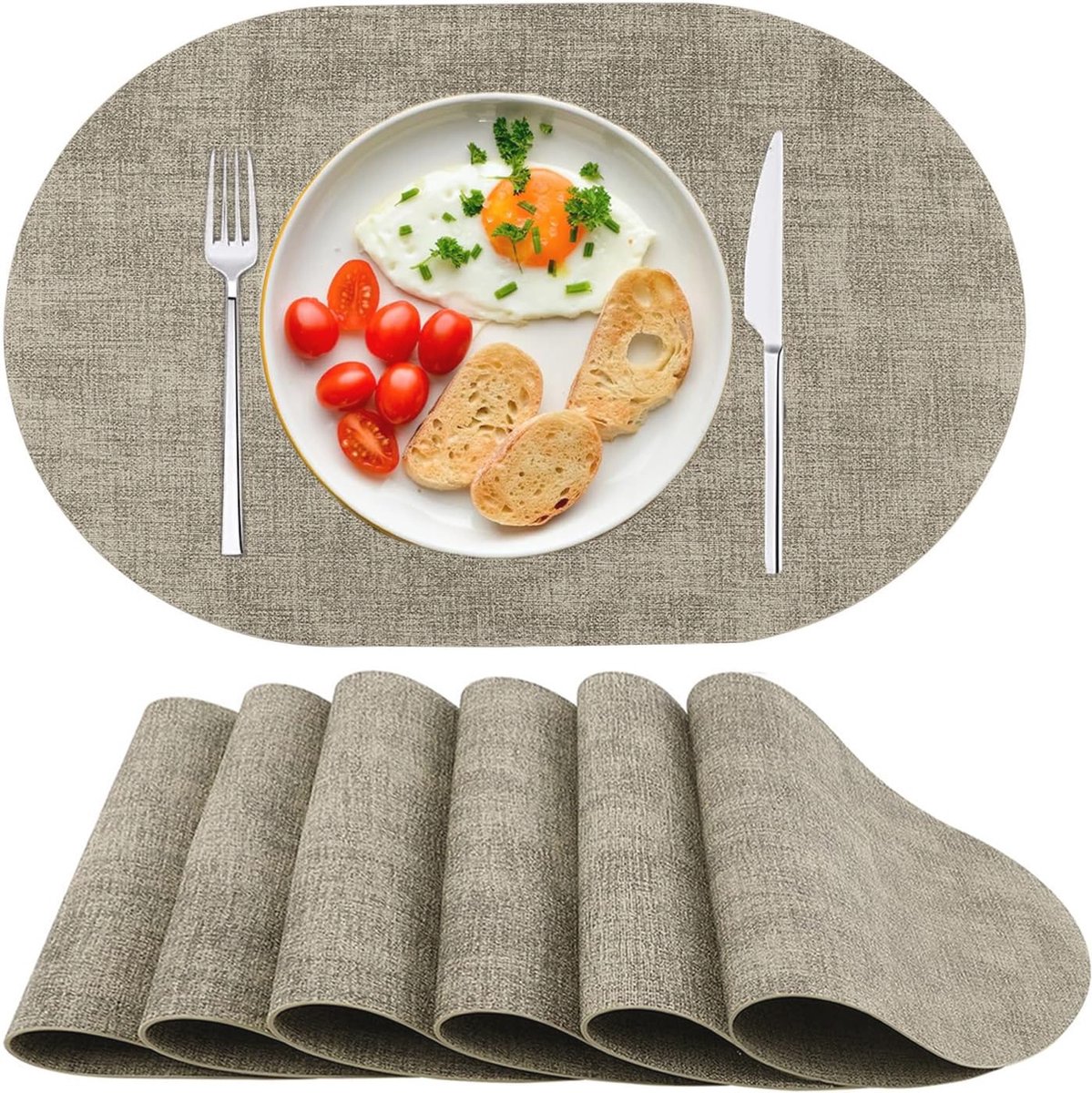 Afwasbare placemats set van 6 - PU-leer, hittebestendig en antislip, ovaal, beige
