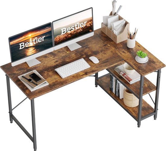 VASAGLE Bureau, L-vormige computertafel, 130 x 120 x 76 cm, hoekbureau met 2 planken, ruimtebesparend bureau, thuiskantoor, gaming, vintage bruin-inktzwart, LWD123K01 VASAGLE Bureau, L-vormige computertafel, 130 x 120 x 76 cm, hoekbureau met 2 planken, ruimtebesparend bureau, thuiskantoor, gaming, vintage bruin-inktzwart, LWD123K01