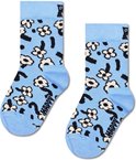 Twee blauwe Happy Socks voor kinderen met witte bloemen en zwarte strepen.